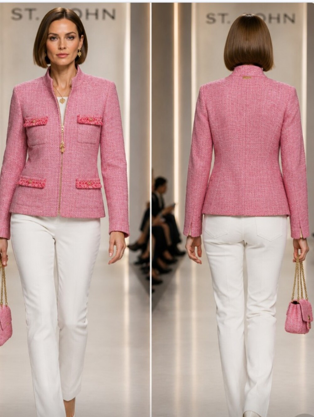 St. John Pink White Tweed Signature Key Lock Zip Jacket Gold Charm S/P